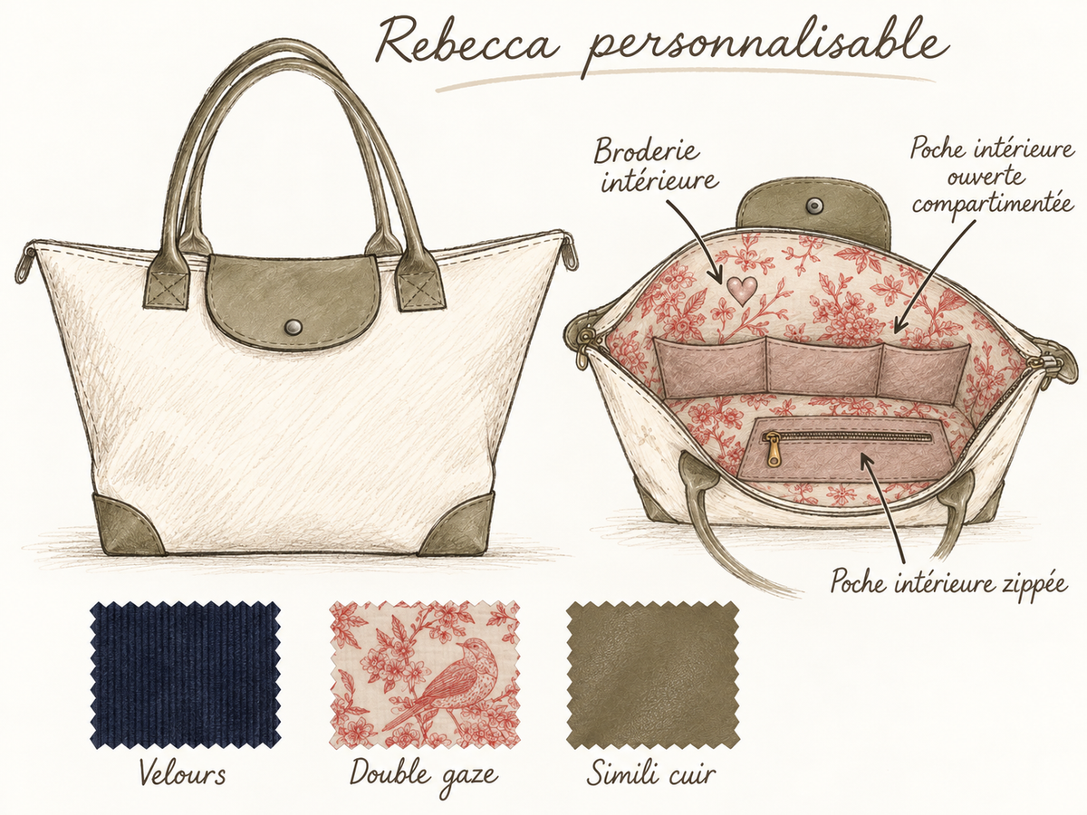 Croquis du sac week-end Rebecca personnalisable avec choix des tissus, poche intérieure et broderie.