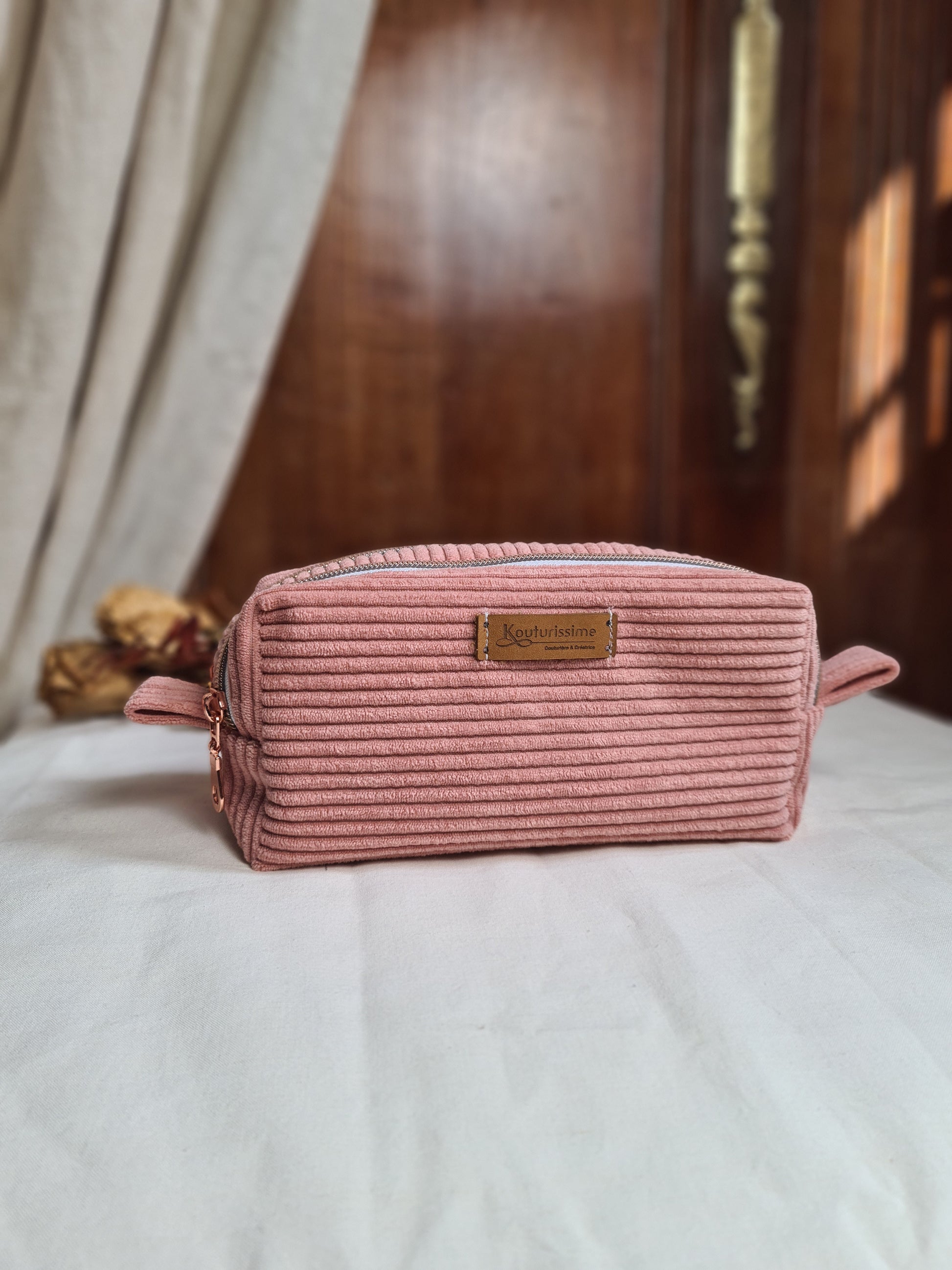 Trousse double Betty en velours côtelé rose