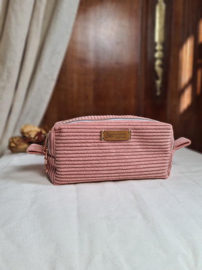 Trousse double Betty en velours côtelé rose