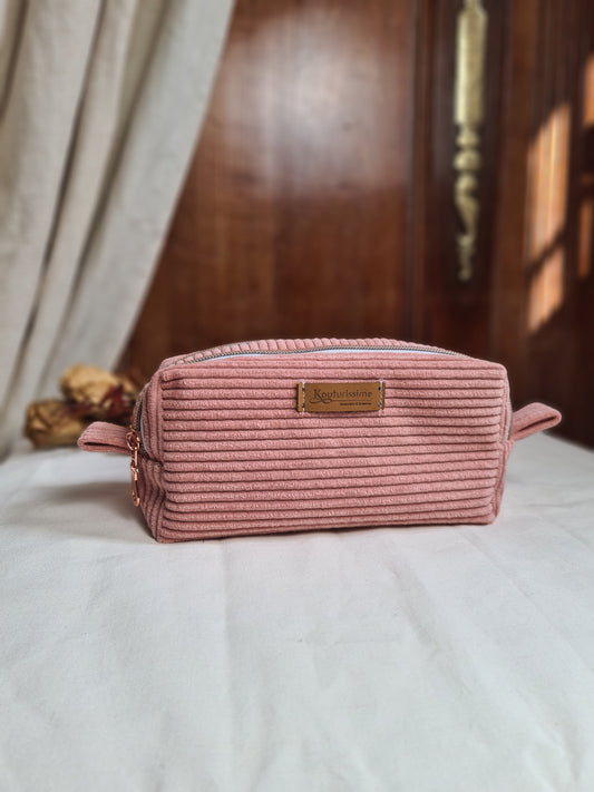 Trousse double Betty en velours côtelé rose