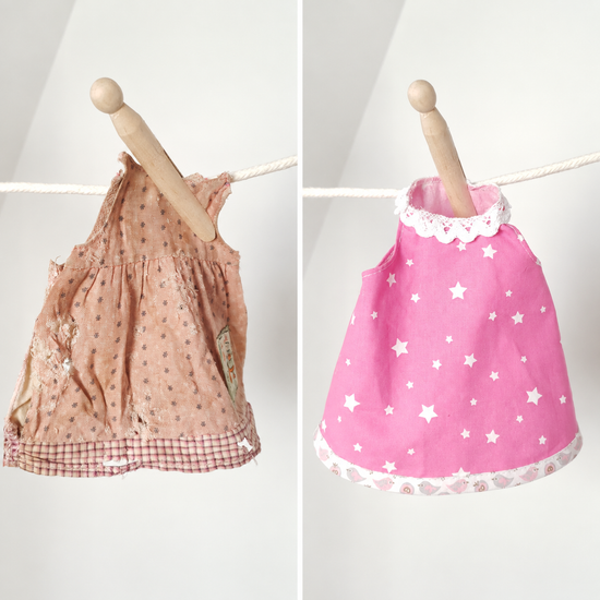 Avant et après la réparation complète d’une petite robe très abîmée