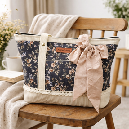 Cabas Shirley en velours écru et enduit fleuri, pièce unique faite main