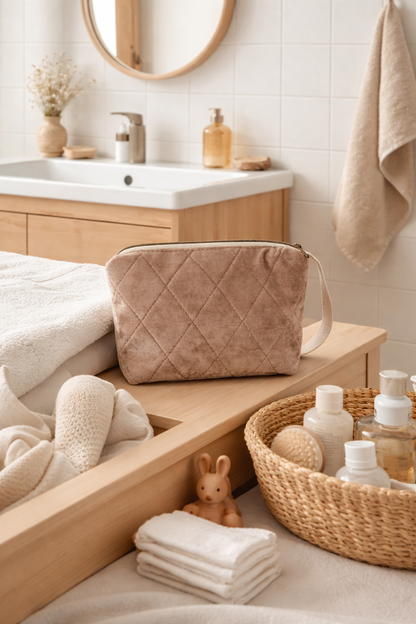 Trousse matelassée Barton en velours noisette – fait main en France
