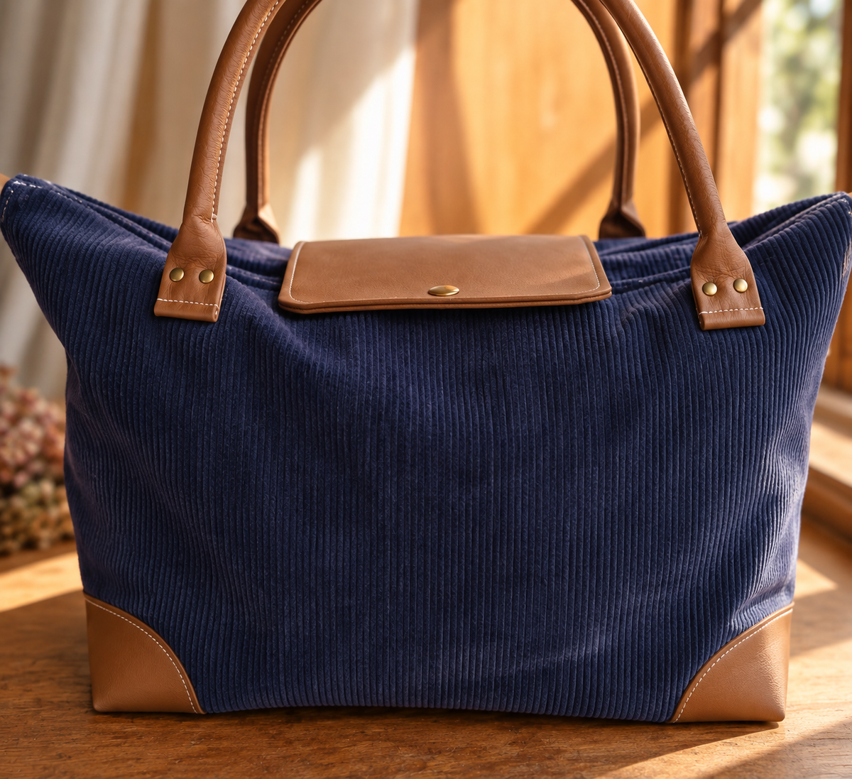 Sac week-end personnalisable Rebecca en velours bleu, fait main avec finitions en simili cuir.
